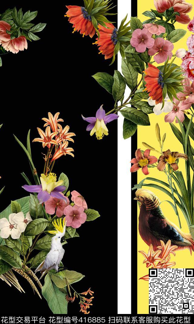 手绘花卉鸟几何线条色块时尚流行秋冬数码印花华亿平台下载（图片编号: 416885） - 瓦栏（Walan）
