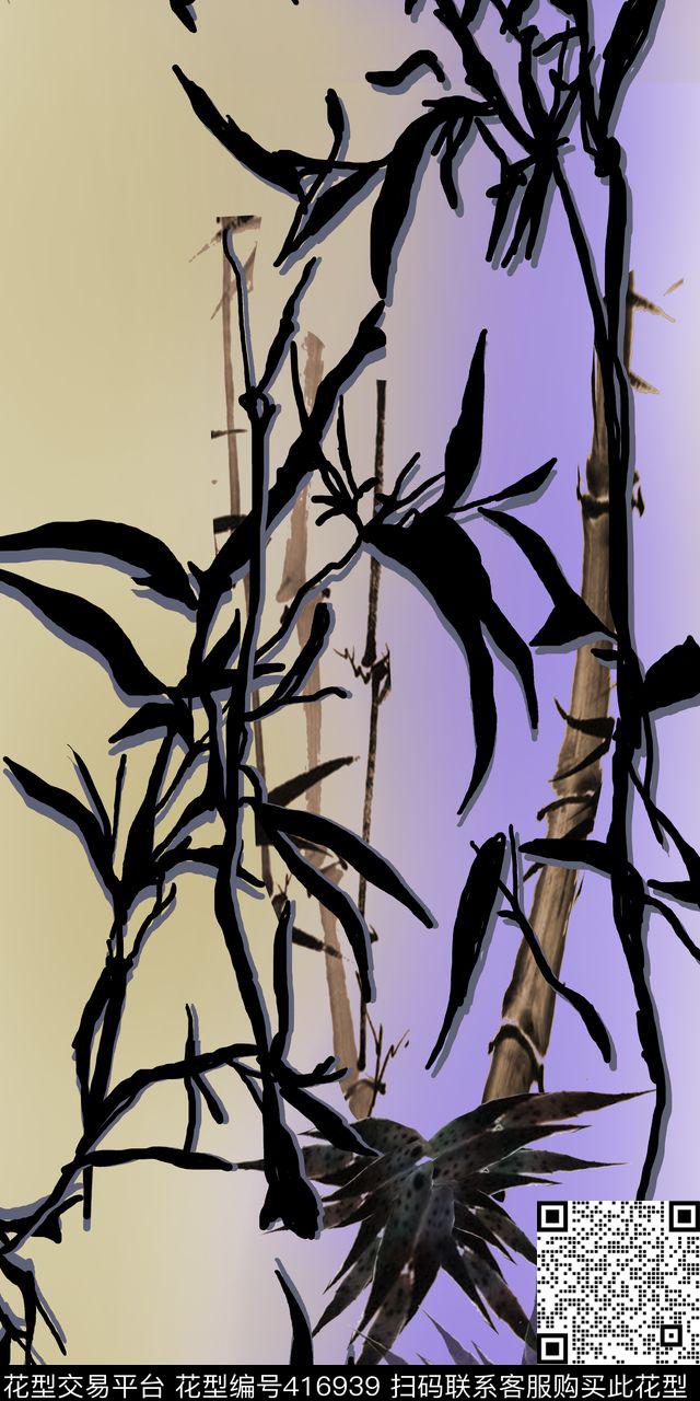 水墨中国风竹子数码印花华亿平台下载（图片编号: 416939） - 瓦栏（Walan）