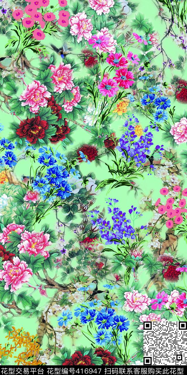牡丹中国风数码印花华亿平台下载（图片编号: 416947） - 瓦栏（Walan）