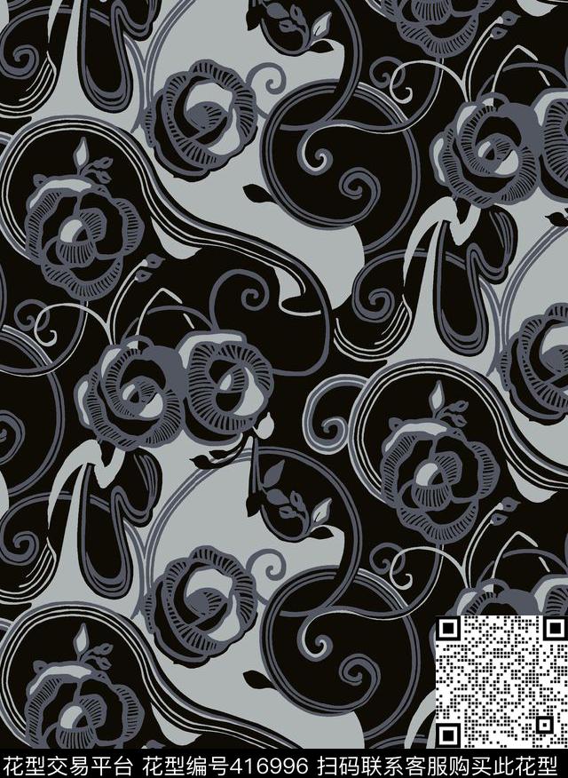 黑白调简笔花经典黑白传统印花华亿平台下载（图片编号: 416996） - 瓦栏（Walan）