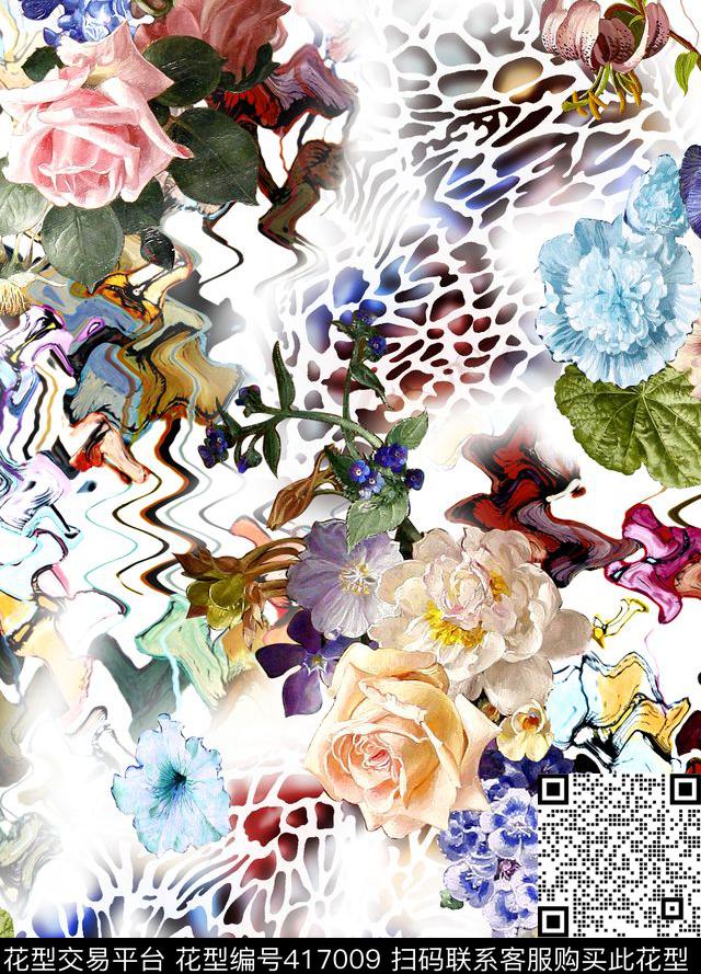 素雅豹纹花卉数码印花华亿平台下载（图片编号: 417009） - 瓦栏（Walan）