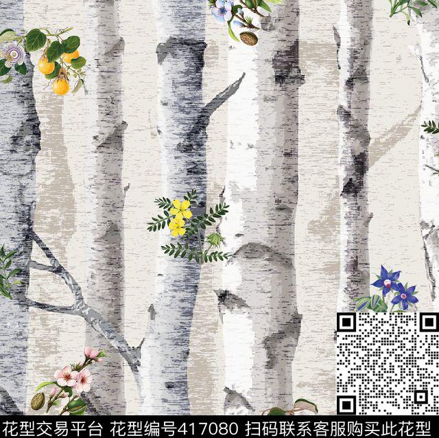 笔触花卉树枝数码印花华亿平台下载（图片编号: 417080） - 瓦栏（Walan）