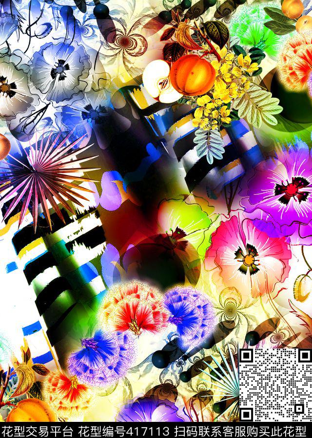 时尚水彩花卉水果数码印花华亿平台下载（图片编号: 417113） - 瓦栏（Walan）