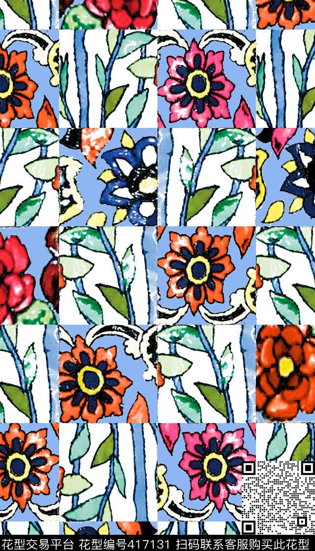 格子花卉水彩数码印花华亿平台下载（图片编号: 417131） - 瓦栏（Walan）
