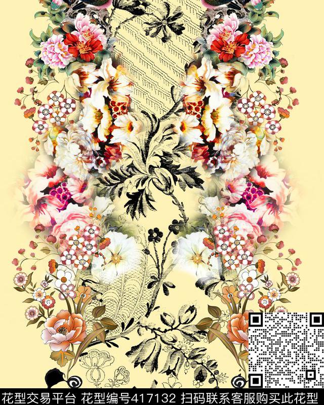 抽象花卉手绘数码印花华亿平台下载（图片编号: 417132） - 瓦栏（Walan）