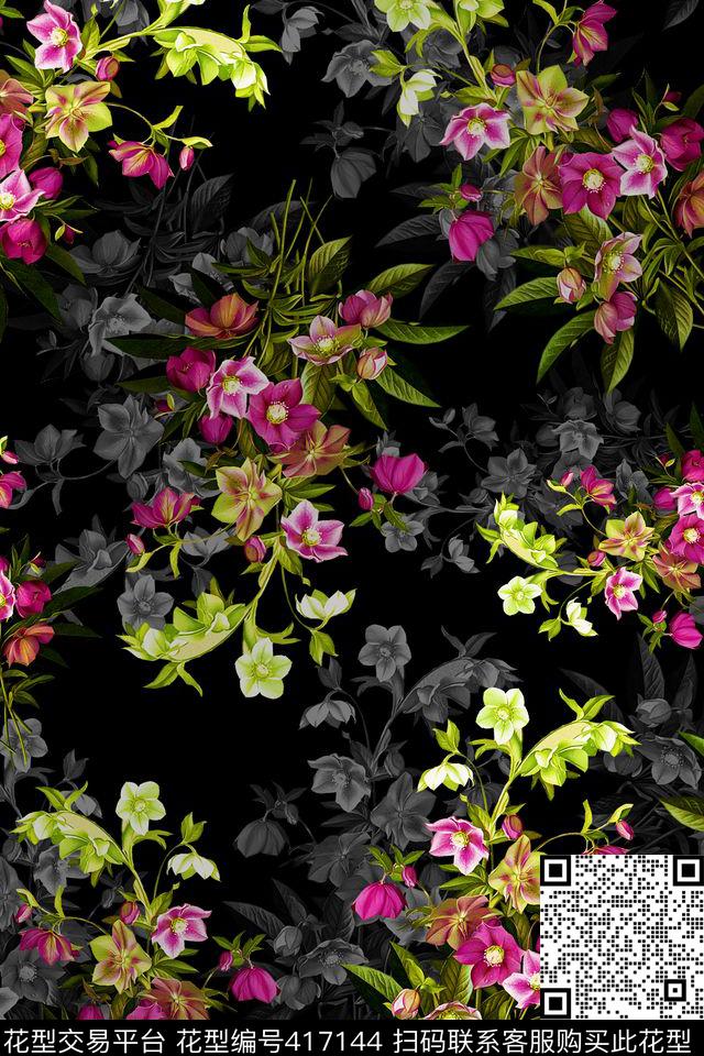 深色底纹花卉组合秋冬装数码印花华亿平台下载（图片编号: 417144） - 瓦栏（Walan）