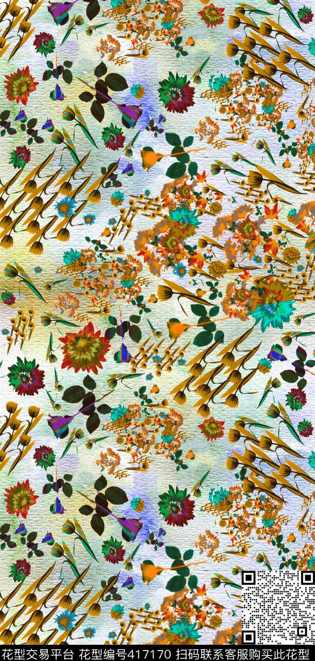 优雅清新花卉水彩清新小花数码印花华亿平台下载（图片编号: 417170） - 瓦栏（Walan）