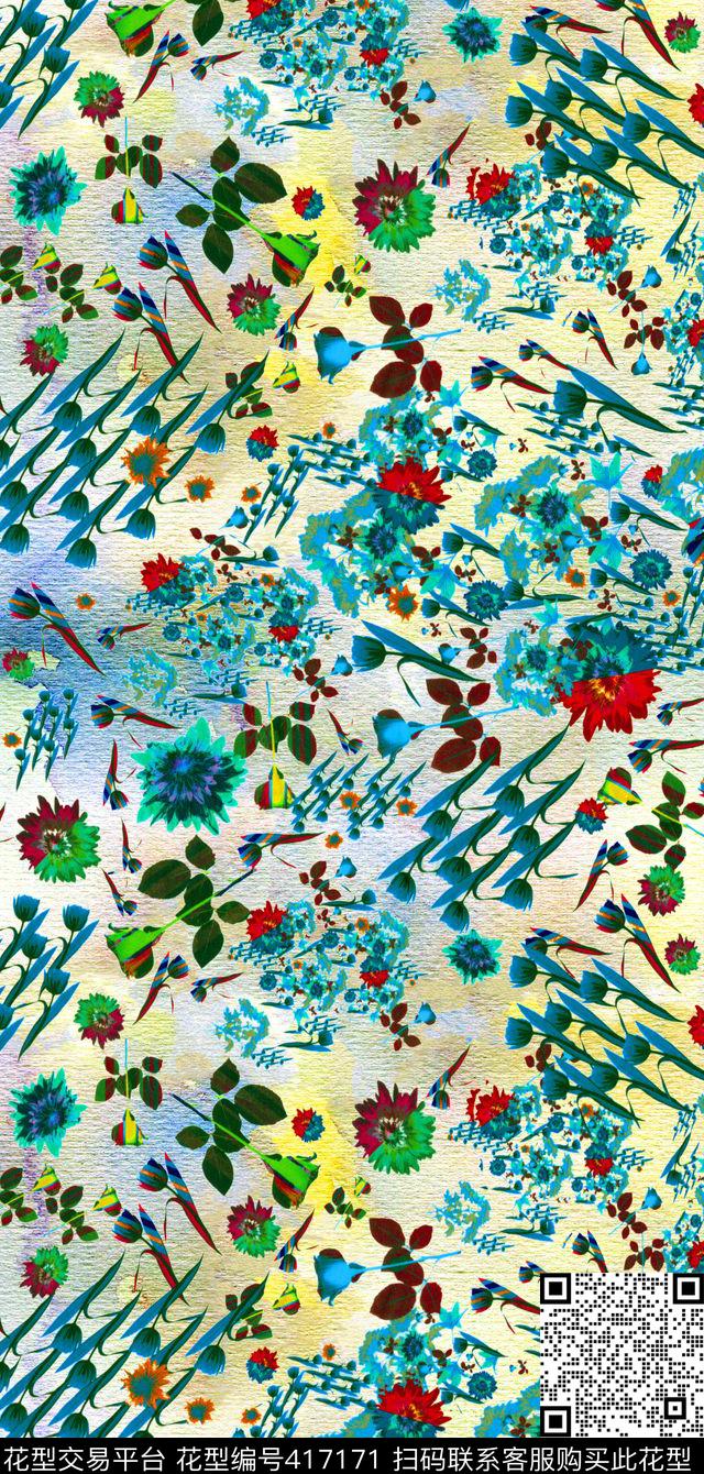 优雅清新花卉水彩清新小花数码印花华亿平台下载（图片编号: 417171） - 瓦栏（Walan）