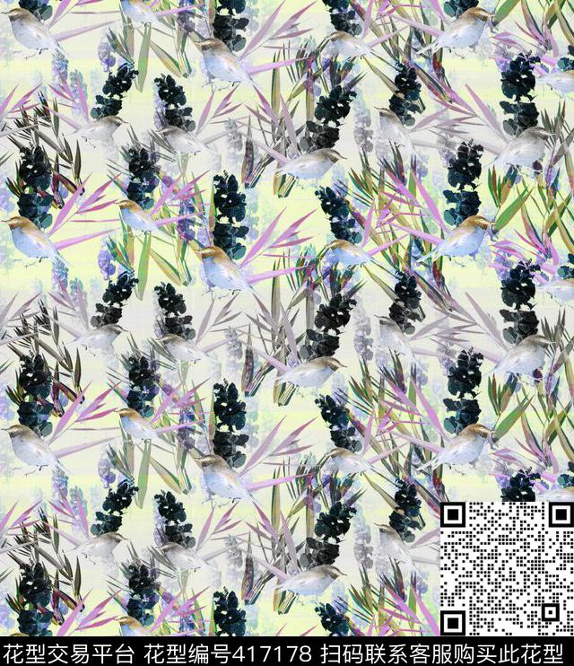 水墨风格优雅清新水墨植物小鸟数码印花华亿平台下载（图片编号: 417178） - 瓦栏（Walan）