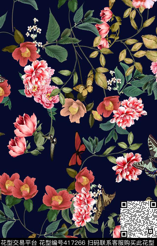 花卉蝴蝶数码印花华亿平台下载（图片编号: 417266） - 瓦栏（Walan）