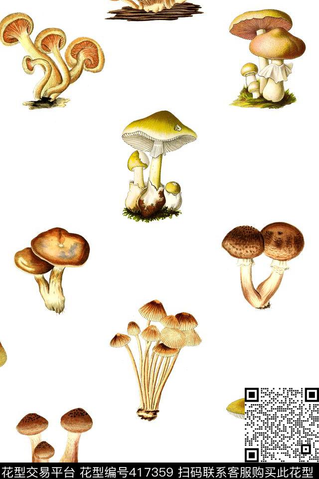 手绘小蘑菇花卉数码印花华亿平台下载（图片编号: 417359） - 瓦栏（Walan）