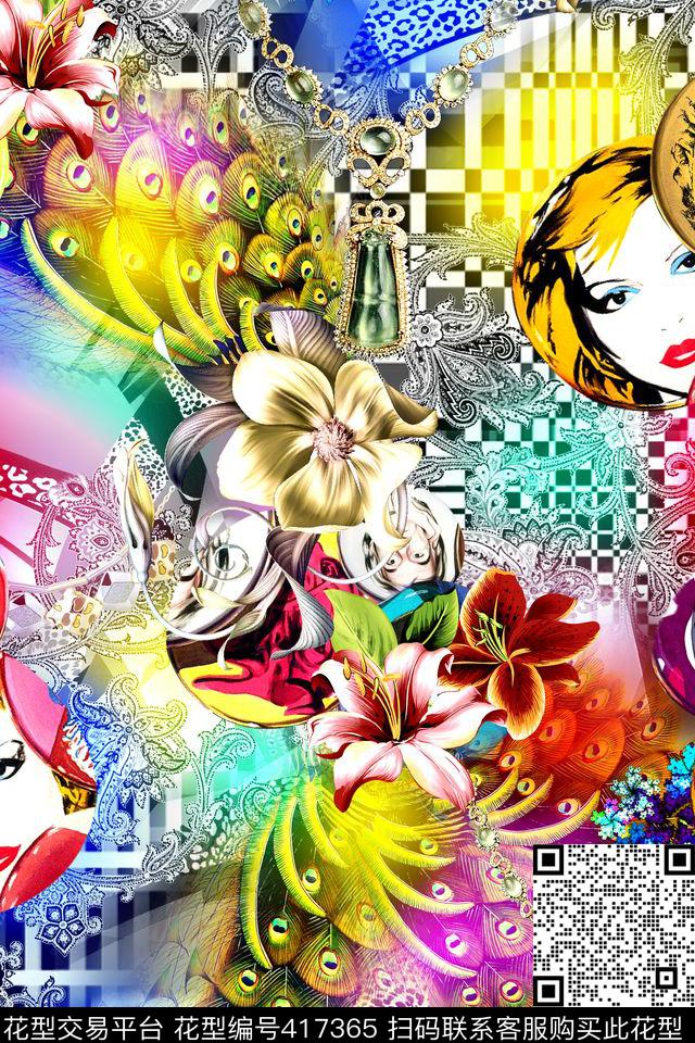 时尚人头徽章羽毛数码印花华亿平台下载（图片编号: 417365） - 瓦栏（Walan）