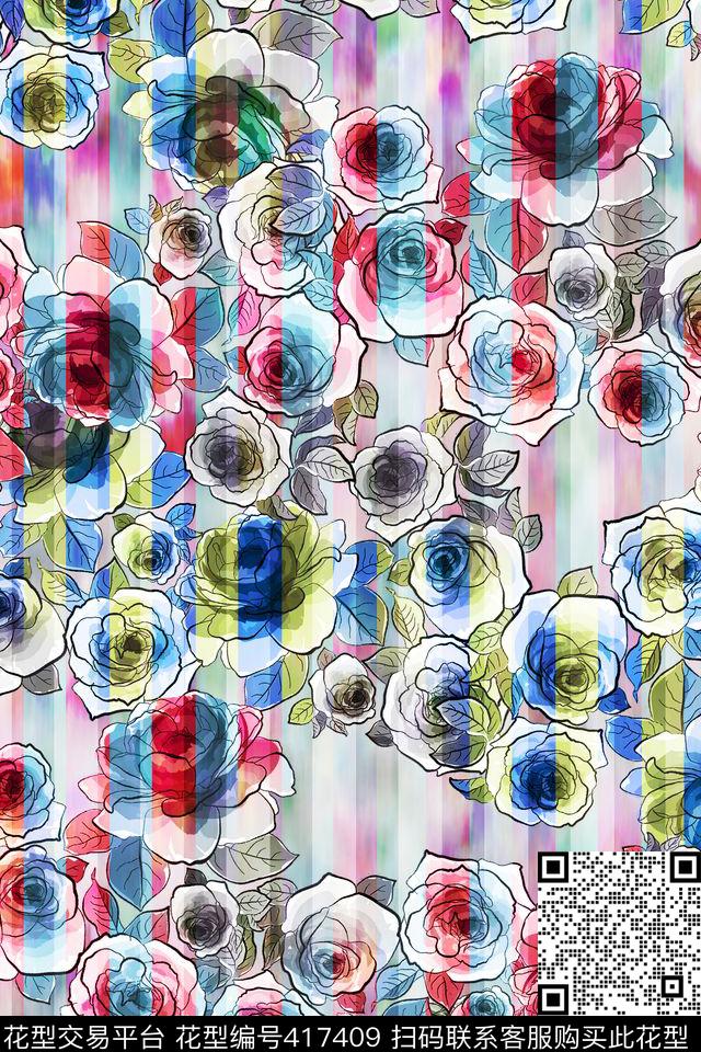 花卉花卉、条纹数码印花华亿平台下载（图片编号: 417409） - 瓦栏（Walan）