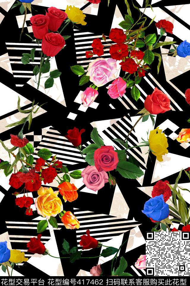 黑白几何写实花卉现代流行数码印花华亿平台下载（图片编号: 417462） - 瓦栏（Walan）