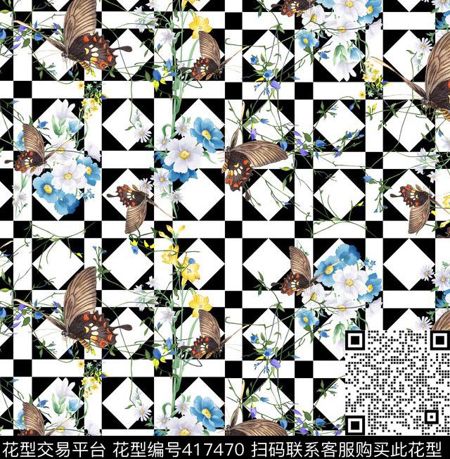 黑白方格蝴蝶花草数码印花华亿平台下载（图片编号: 417470） - 瓦栏（Walan）