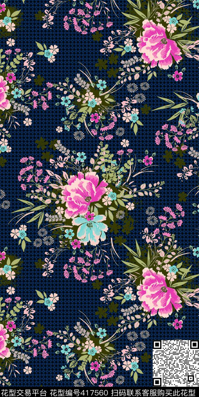 格子花卉花卉优雅清新传统印花华亿平台下载（图片编号: 417560） - 瓦栏（Walan）