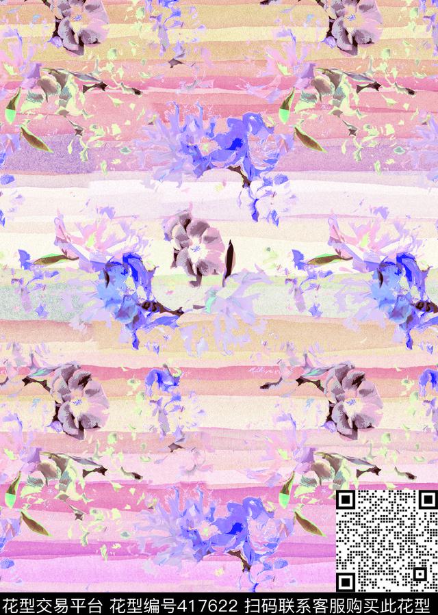 花卉水彩条纹花卉优雅清新传统印花华亿平台下载（图片编号: 417622） - 瓦栏（Walan）