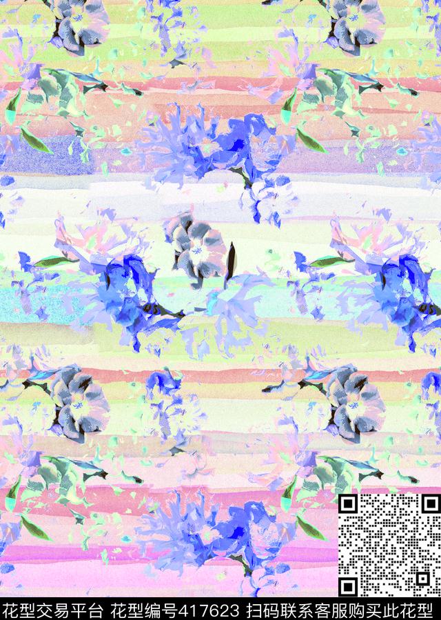 优雅清新花卉水彩条纹花卉数码印花华亿平台下载（图片编号: 417623） - 瓦栏（Walan）