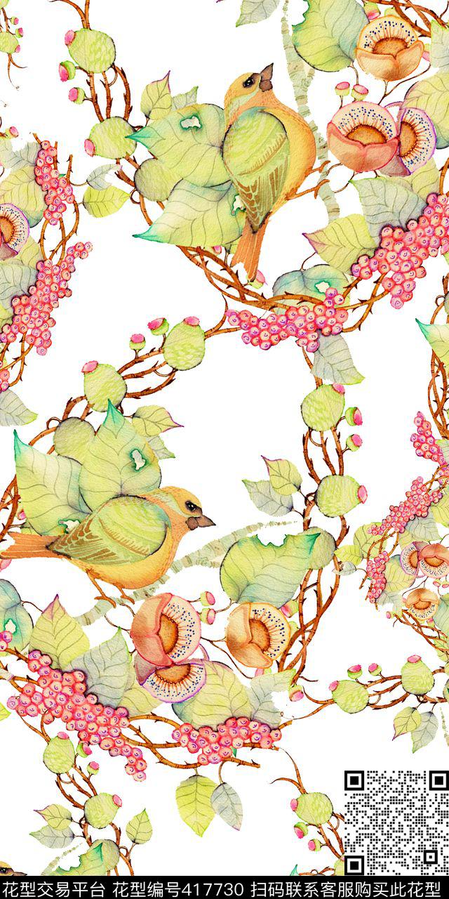 清新小花鸟数码印花华亿平台下载（图片编号: 417730） - 瓦栏（Walan）