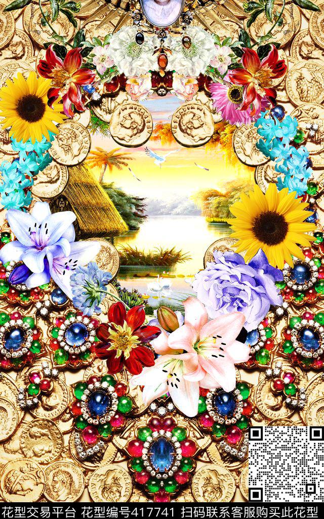 欧式钱币花卉数码印花华亿平台下载（图片编号: 417741） - 瓦栏（Walan）