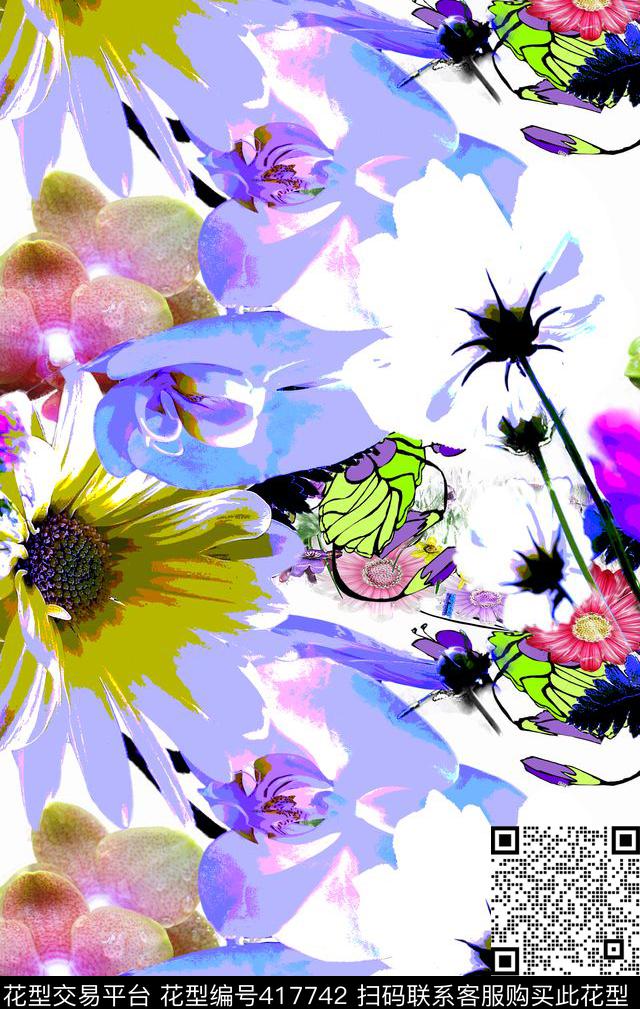 色彩蝴蝶花卉数码印花华亿平台下载（图片编号: 417742） - 瓦栏（Walan）