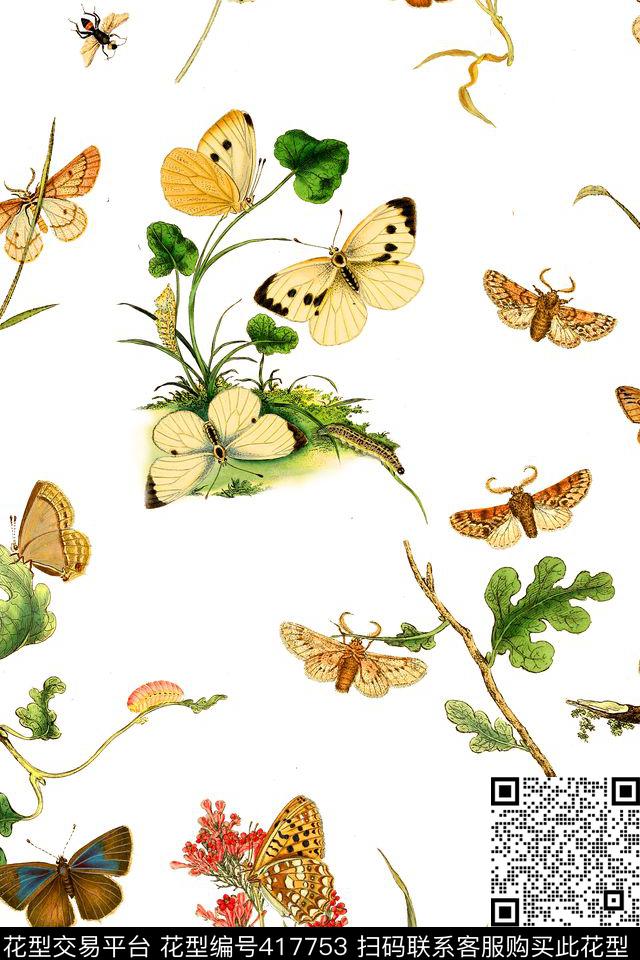 素雅蝴蝶树枝数码印花华亿平台下载（图片编号: 417753） - 瓦栏（Walan）