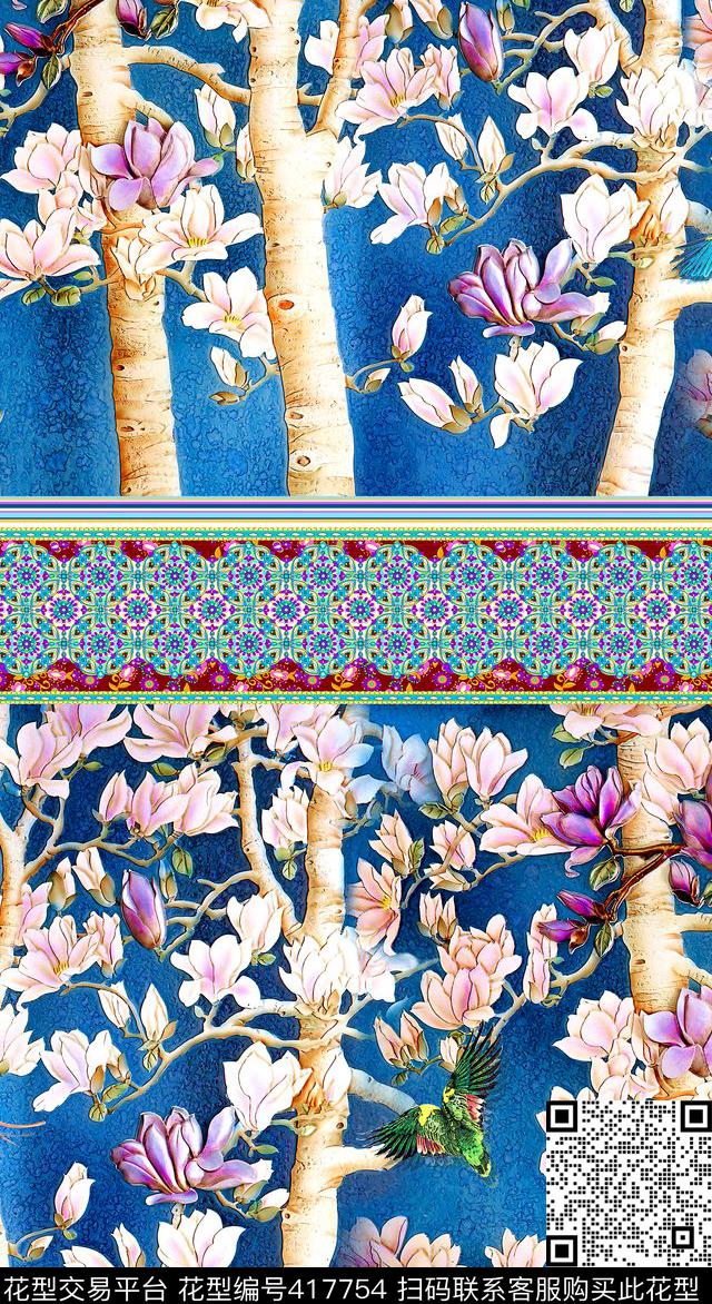 复古玉兰花鹦鹉数码印花华亿平台下载（图片编号: 417754） - 瓦栏（Walan）