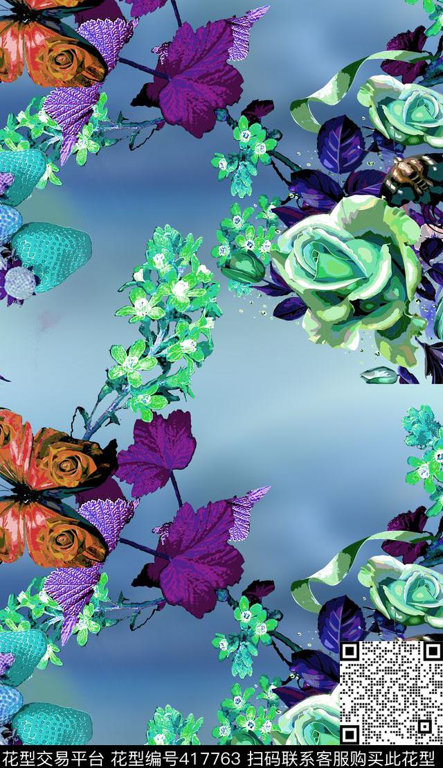 欧美蝴蝶花卉数码印花华亿平台下载（图片编号: 417763） - 瓦栏（Walan）