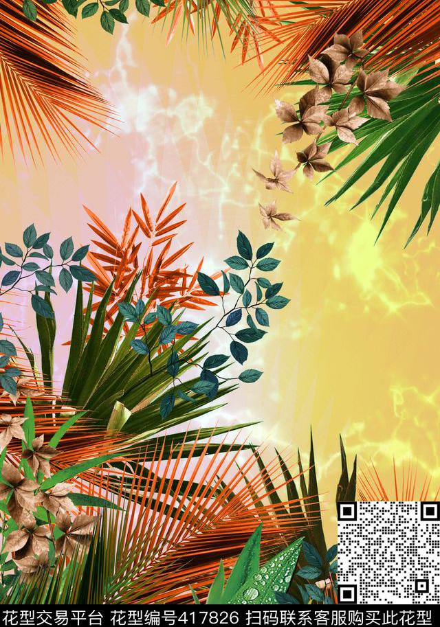 花卉热带风情叶子数码印花华亿平台下载（图片编号: 417826） - 瓦栏（Walan）