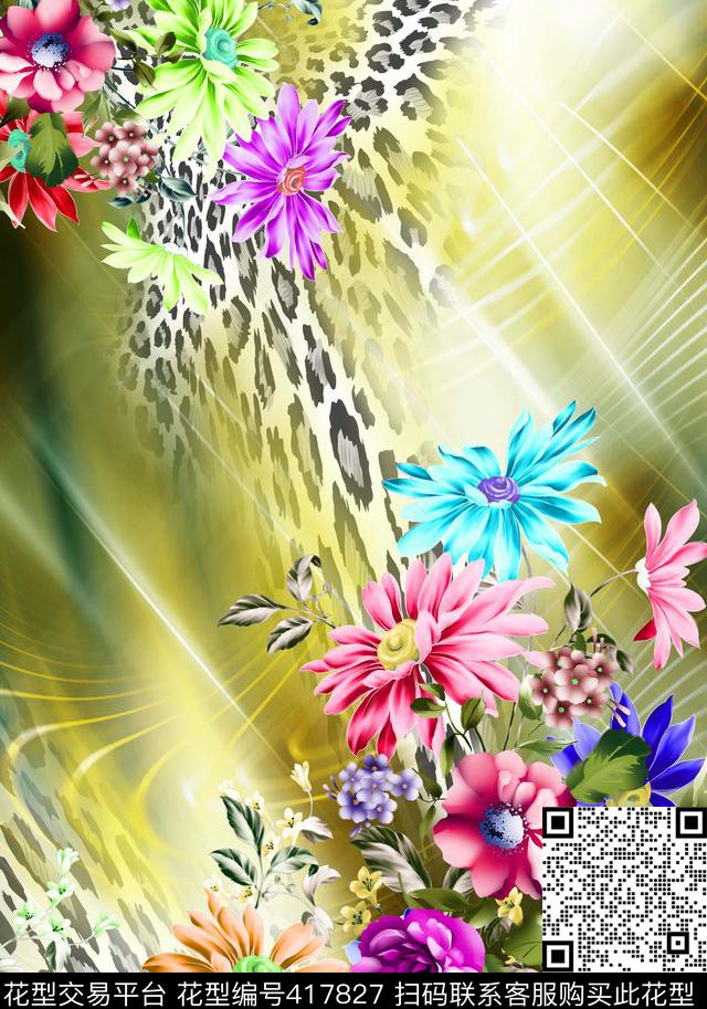 豹纹抽象花卉数码印花华亿平台下载（图片编号: 417827） - 瓦栏（Walan）