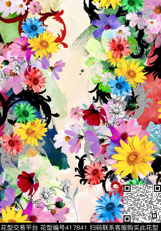 花朵手绘抽象数码印花华亿平台下载（图片编号: 417841） - 瓦栏（Walan）
