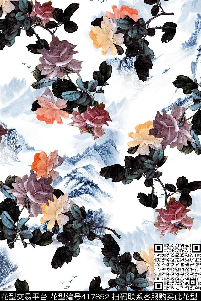 旗袍华亿平台古典水墨花卉山水中国风数码印花华亿平台下载（图片编号: 417852） - 瓦栏（Walan）