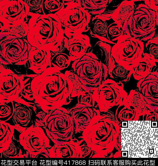 黑底红玫瑰无限循环传统印花华亿平台下载（图片编号: 417868） - 瓦栏（Walan）