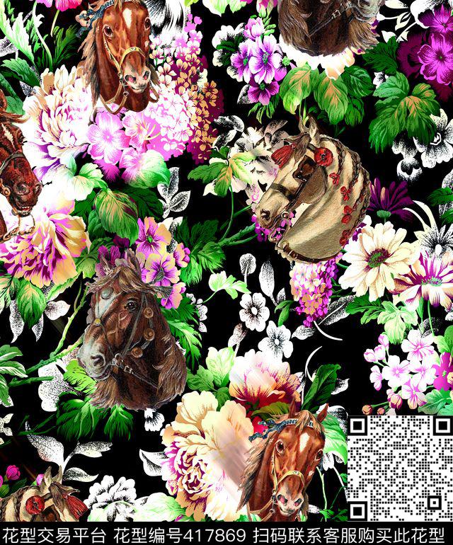 暗底花卉马头数码印花华亿平台下载（图片编号: 417869） - 瓦栏（Walan）