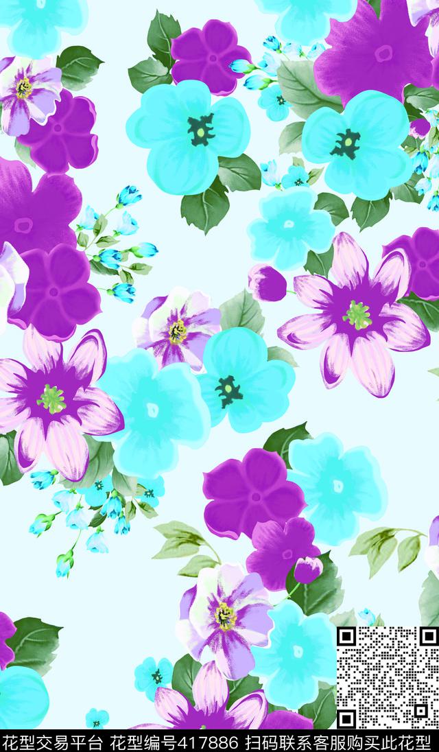 蓝色花海传统印花华亿平台下载（图片编号: 417886） - 瓦栏（Walan）