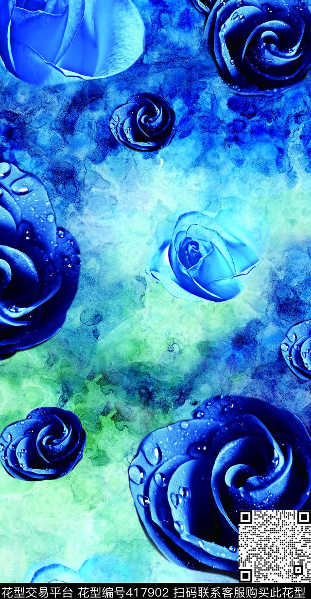 蓝玫瑰上下循环数码印花华亿平台下载（图片编号: 417902） - 瓦栏（Walan）