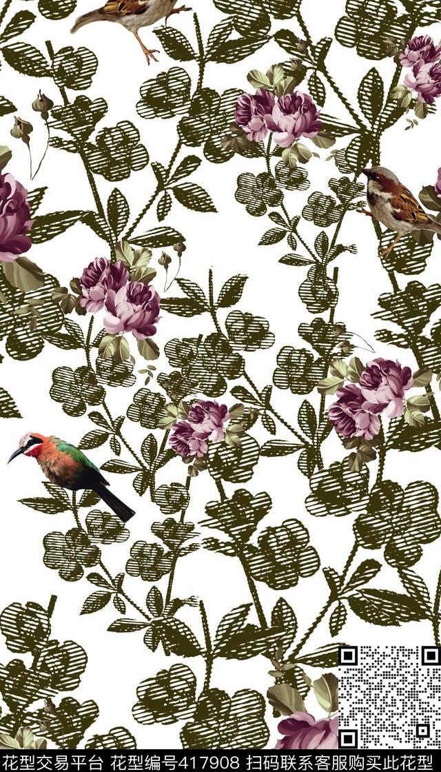 女装四方连续花鸟植物传统印花华亿平台下载（图片编号: 417908） - 瓦栏（Walan）