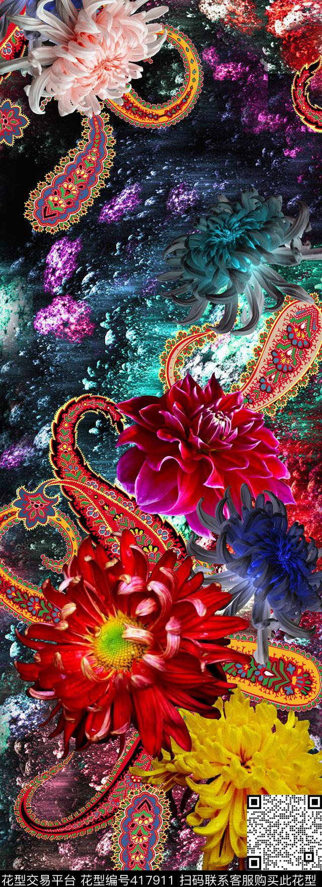 长裙超大花卉花卉数码印花华亿平台下载（图片编号: 417911） - 瓦栏（Walan）