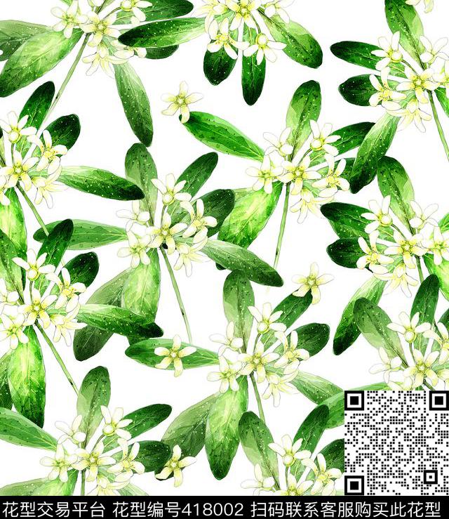 绿色花卉叶子数码印花华亿平台下载（图片编号: 418002） - 瓦栏（Walan）