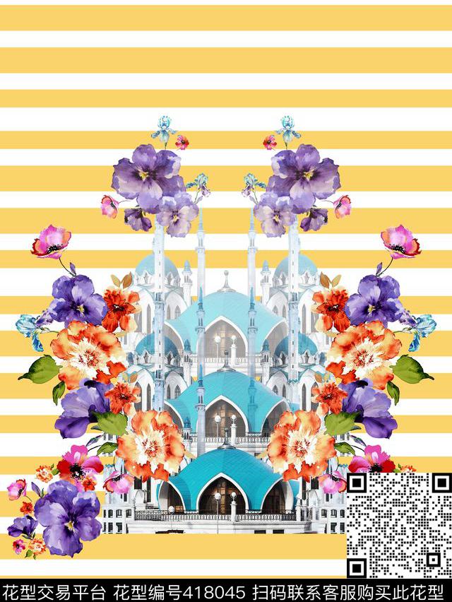 欧式建筑条纹手绘花卉短装小定位数码印花华亿平台下载（图片编号: 418045） - 瓦栏（Walan）