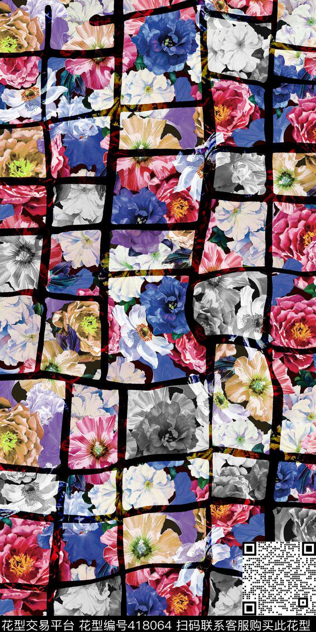 不规则格子花卉花卉魅力时尚数码印花华亿平台下载（图片编号: 418064） - 瓦栏（Walan）