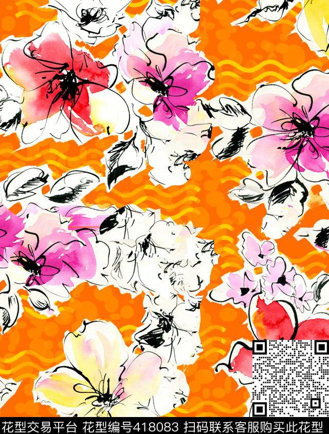 花卉时尚撞色手绘传统印花华亿平台下载（图片编号: 418083） - 瓦栏（Walan）