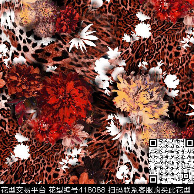 豹纹绚丽花卉数码印花华亿平台下载（图片编号: 418088） - 瓦栏（Walan）