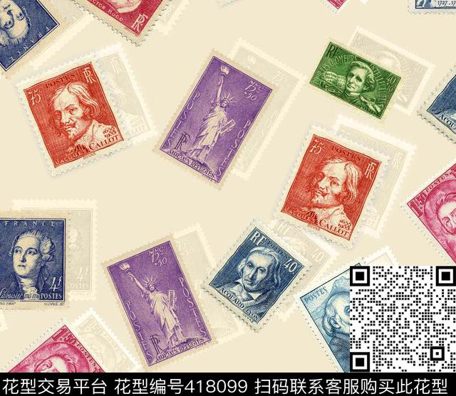 邮票复古衬衫华亿平台数码印花华亿平台下载（图片编号: 418099） - 瓦栏（Walan）