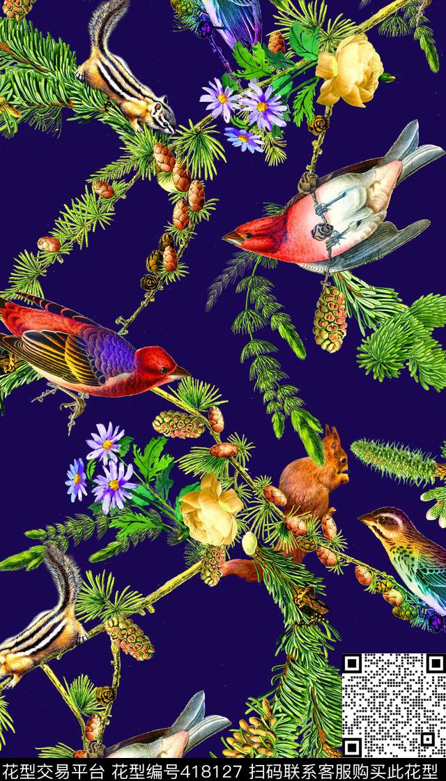 时尚松果松叶数码印花华亿平台下载（图片编号: 418127） - 瓦栏（Walan）