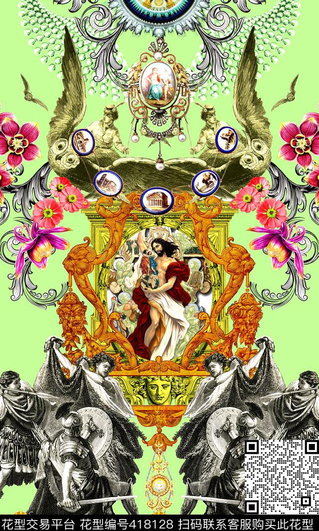 欧式宫廷风人物花卉数码印花华亿平台下载（图片编号: 418128） - 瓦栏（Walan）