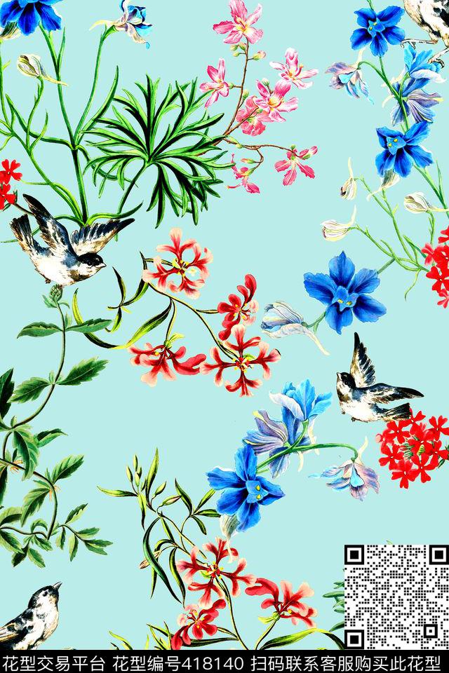 小清新花卉鸟数码印花华亿平台下载（图片编号: 418140） - 瓦栏（Walan）