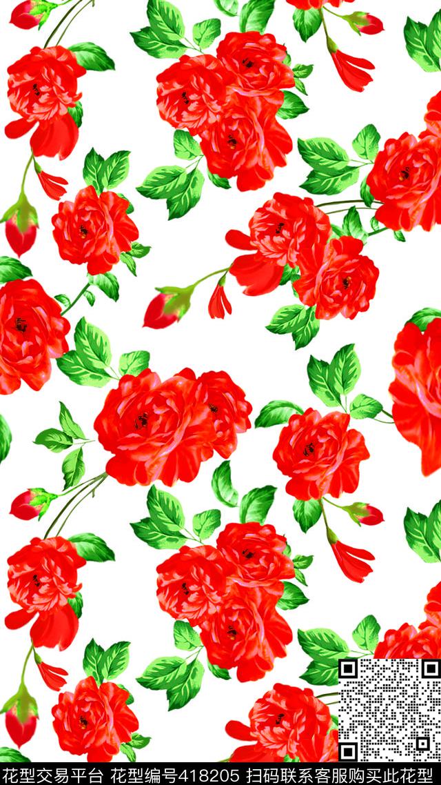 红花花卉循环传统印花华亿平台下载（图片编号: 418205） - 瓦栏（Walan）