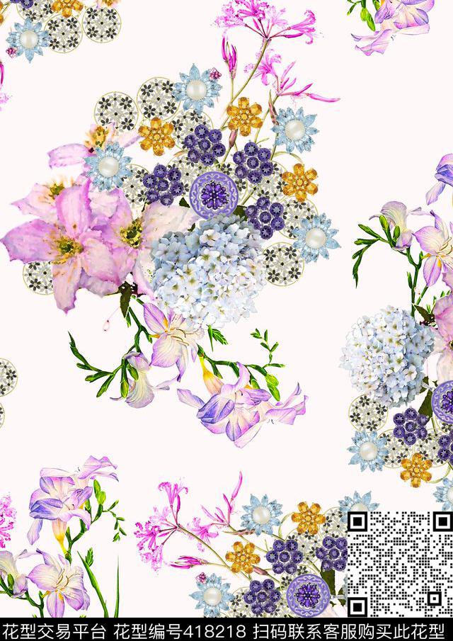 甜美清新珠宝碎花清爽底色花数码印花华亿平台下载（图片编号: 418218） - 瓦栏（Walan）