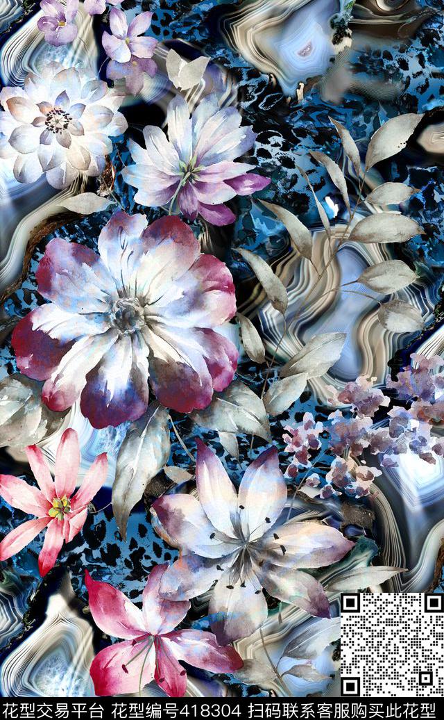豹纹抽象花卉数码印花华亿平台下载（图片编号: 418304） - 瓦栏（Walan）